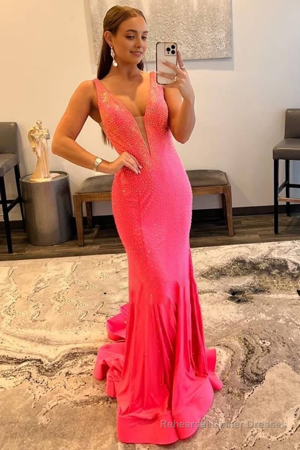 Mermaid Deep V Neck Royal Blue Long Prom Dress with Beading Party Dresses