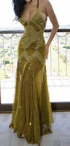 Beatuy Mermaid Sequins Lace Tulle Classy Evening Dress Long Classy Prom Gown With Slit