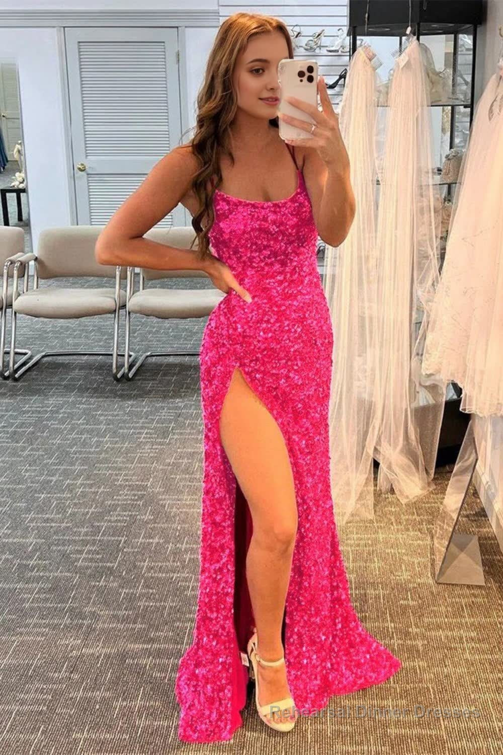 Mermaid Glitter Sequins Sexy Hot Pink Backless Long Prom Dress Main image