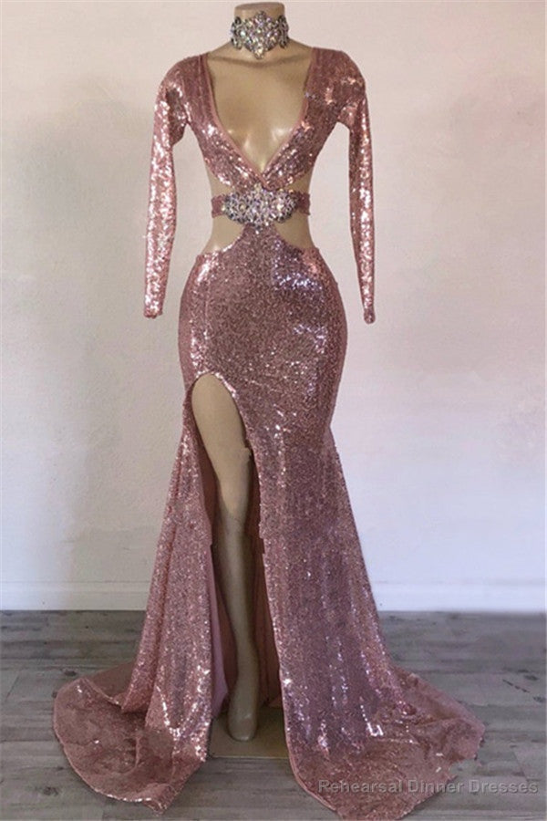 Mermaid Gorgeous Sequins V-Neck Long-Sleeves Side-Slit Prom Dresses Main image