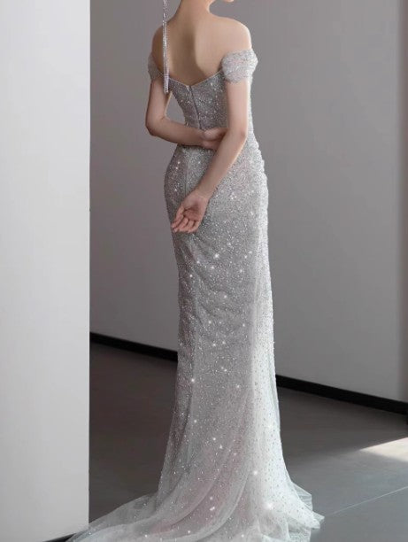 Mermaid Gowne??? Off The Shoulder Tulle Sequins Long Classy Prom Dress For Classy Events &Quinceanera