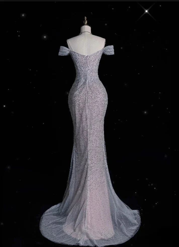 Mermaid Gowne??? Off The Shoulder Tulle Sequins Long Classy Prom Dress For Classy Events &Quinceanera