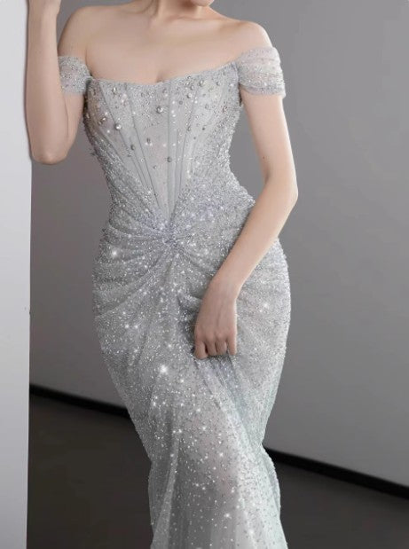 Mermaid Gowne??? Off The Shoulder Tulle Sequins Long Classy Prom Dress For Classy Events &Quinceanera