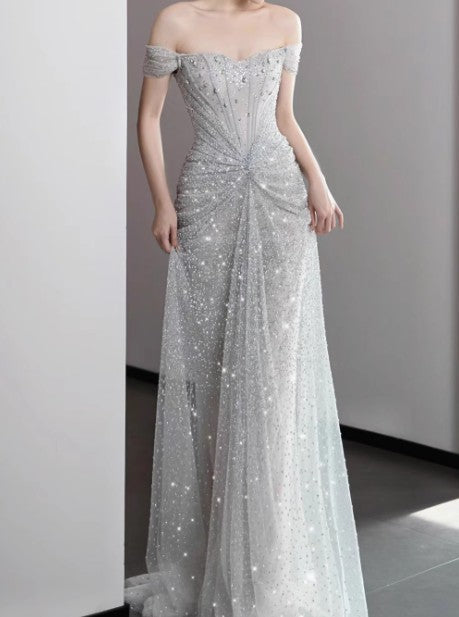 Mermaid Gowne??? Off The Shoulder Tulle Sequins Long Classy Prom Dress For Classy Events &Quinceanera