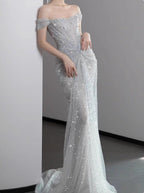 Mermaid Gowne??? Off The Shoulder Tulle Sequins Long Classy Prom Dress For Classy Events &Quinceanera