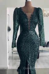 Mermaid Green Long Sleeve Sequin Evening Prom Dress