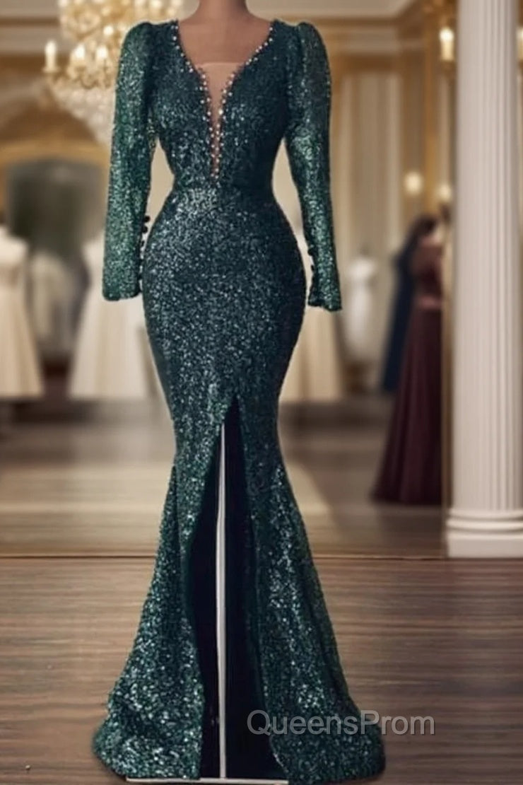 Mermaid Green Long Sleeve Sequin Evening Prom Dress Main image