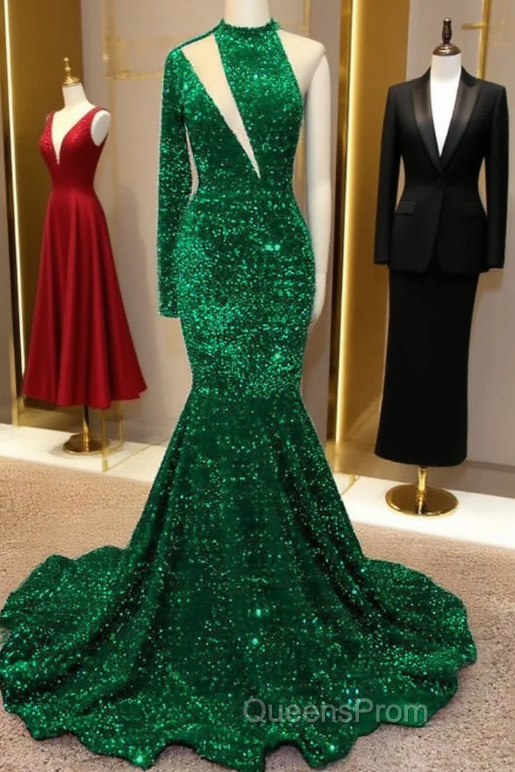 Mermaid Green Sequin Evening Prom Dress One Shoulder High Neck Main image