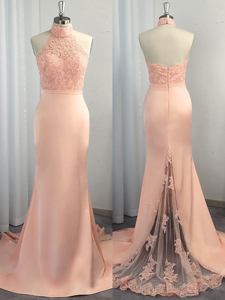 Mermaid Halter Appliques Lace Sweep Train Satin Dress Main image