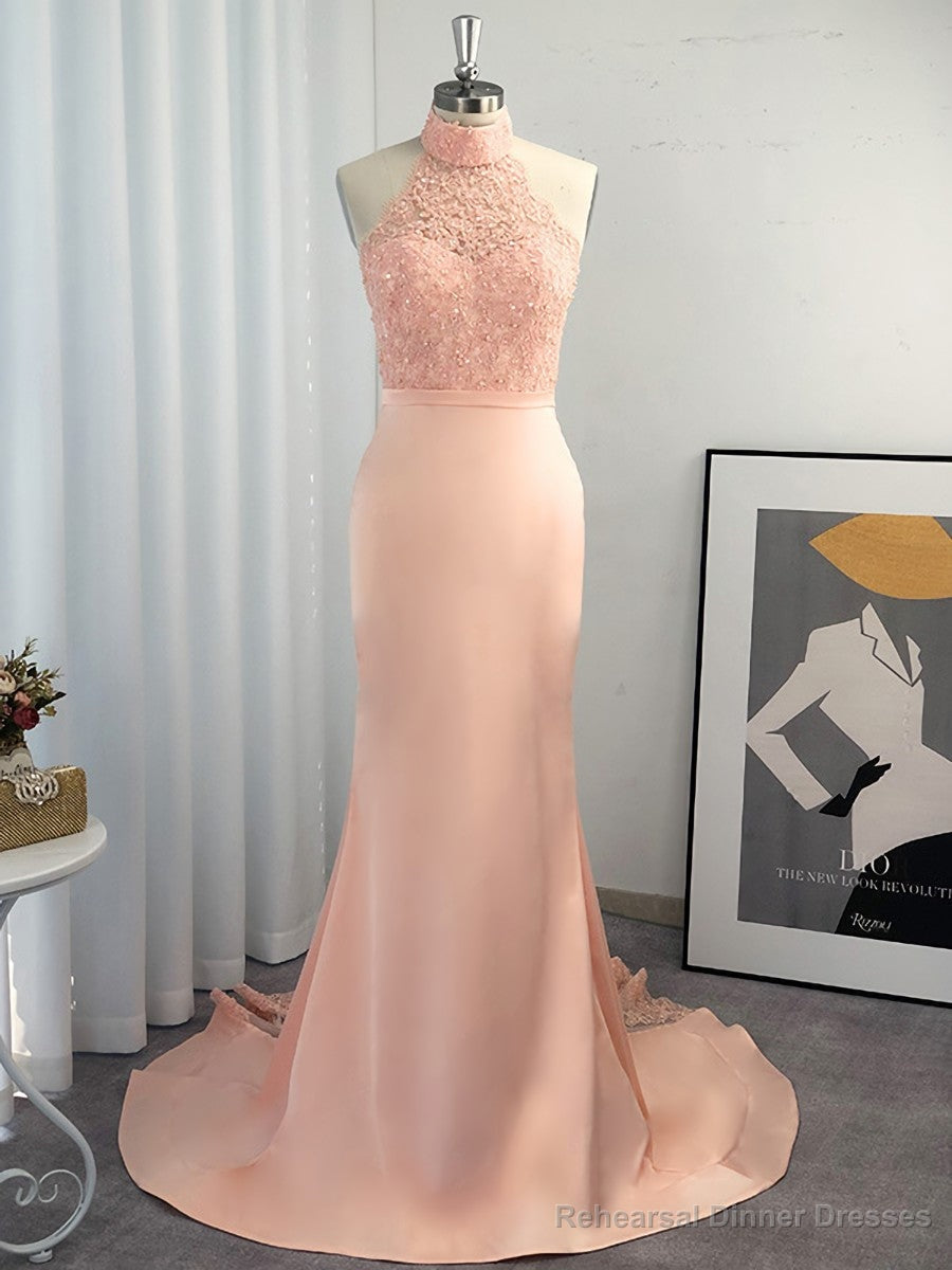 Mermaid Halter Appliques Lace Sweep Train Satin Dress Secondary image