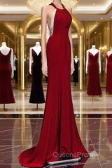 Mermaid Halter Burgundy Long Evening Prom Dress