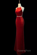 Mermaid Halter Burgundy Long Velvet Evening Prom Dress