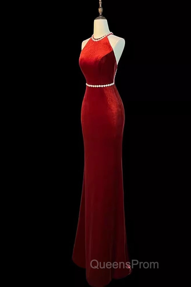 Mermaid Halter Burgundy Long Velvet Evening Prom Dress
