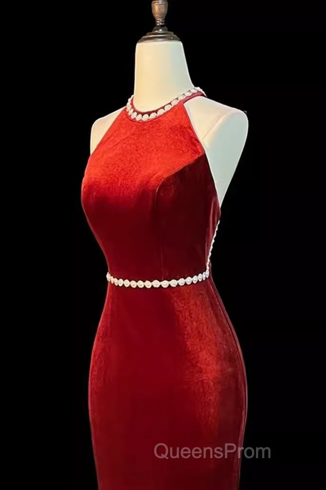 Mermaid Halter Burgundy Long Velvet Evening Prom Dress