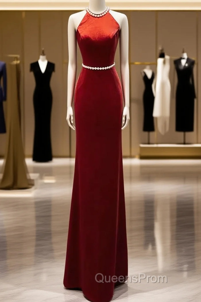 Mermaid Halter Burgundy Long Velvet Evening Prom Dress Main image