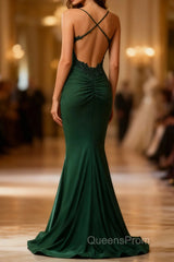 Mermaid Halter Dark Green Long Evening Prom Dress with Appliques Beading