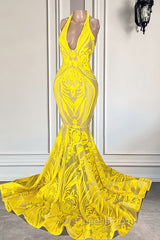 Mermaid Halter Floor-length Sleeveless Open Back Appliques Lace Evening Prom Dress