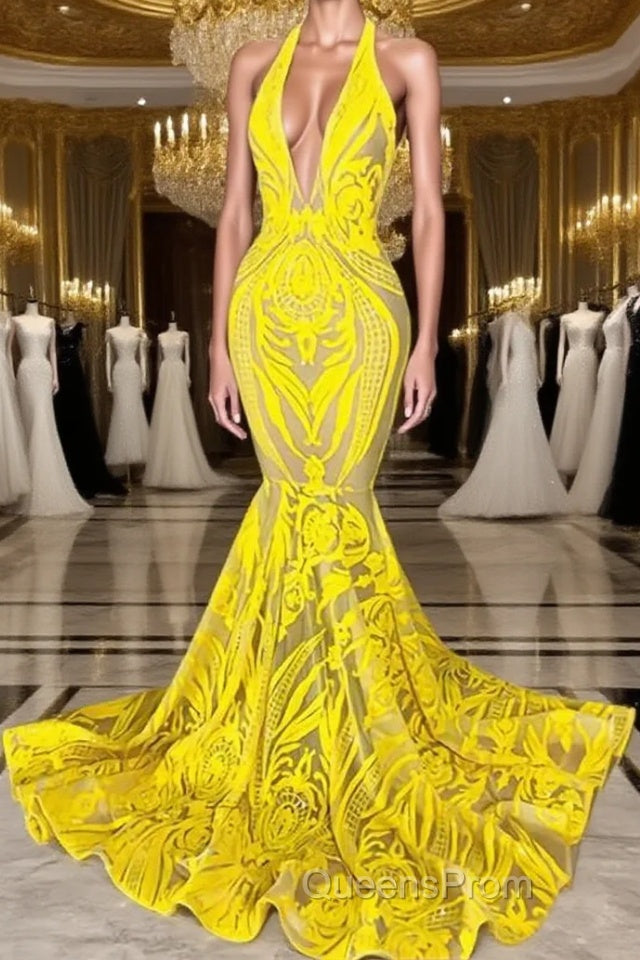 Mermaid Halter Floor-length Sleeveless Open Back Appliques Lace Evening Prom Dress Main image