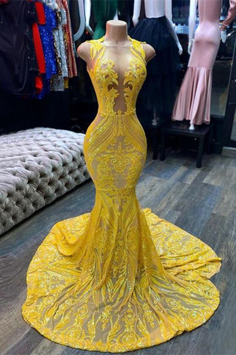 Mermaid Halter Floor-Length Sleeveless Open Back Sequined Appliques Lace Prom Dress