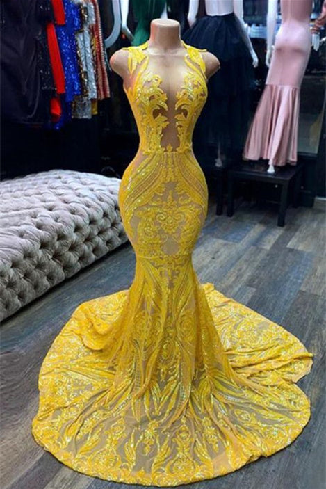 Mermaid Halter Floor-Length Sleeveless Open Back Sequined Appliques Lace Prom Dress Main image