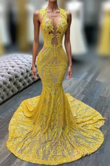 Mermaid Halter Floor-length Sleeveless Open Back Sequined Appliques Lace Evening Prom Dress