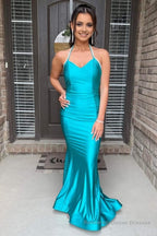 Mermaid Halter Neck Peacock Green Long Prom Dress with Backless