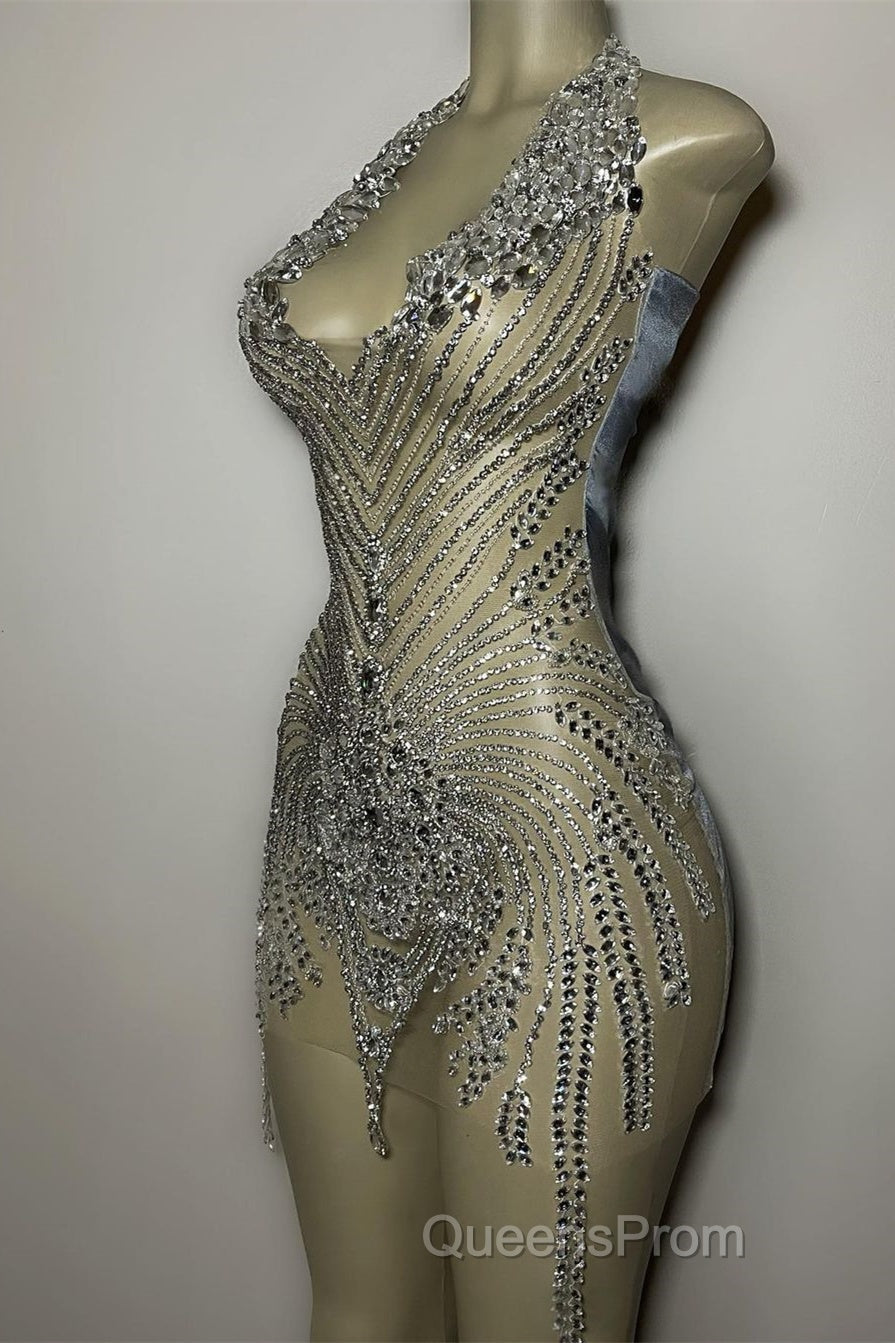 Mermaid Halter Sequined Jersey Beading Sleeveless Mini Rhinestone Party Dress Secondary image