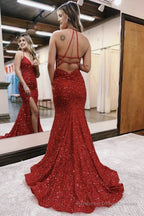 Mermaid Halter Sequins Long Prom Dress with Silt
