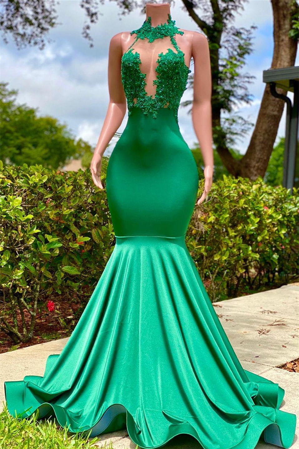 Mermaid High Neck Appliques Lace Sequined Open Back Floor-Length Sleeveless Prom Dress Main image