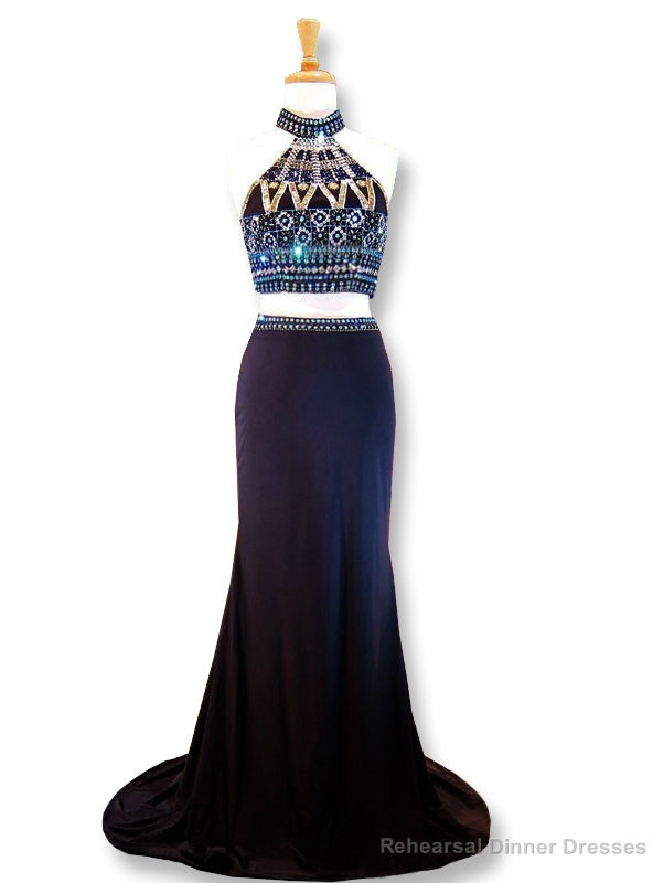 Mermaid High Neck Beaded Crystals Black Two Piece Prom Dress Main image