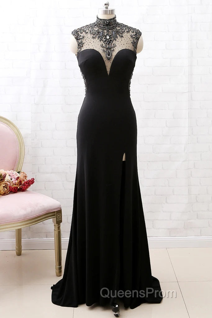 Mermaid High Neck Beaded Jersey Black Formal Evening Evening Prom Gown With Slit Secondary image