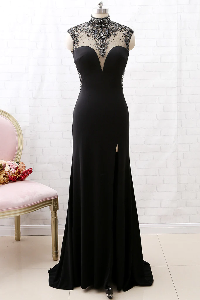 Mermaid High Neck Beaded Jersey Black Classy Evening Classy Prom Gown With Slit