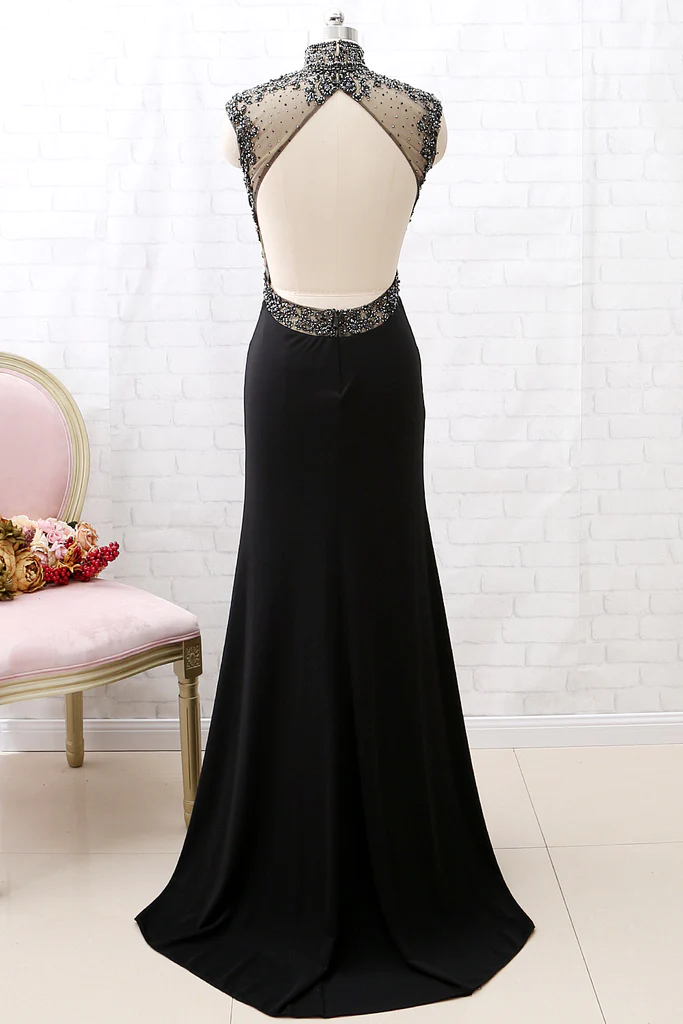 Mermaid High Neck Beaded Jersey Black Classy Evening Classy Prom Gown With Slit