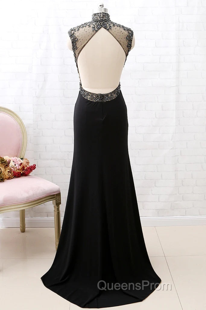 Mermaid High Neck Beaded Jersey Black Formal Evening Evening Prom Gown With Slit
