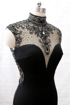 Mermaid High Neck Beaded Jersey Black Classy Evening Classy Prom Gown With Slit