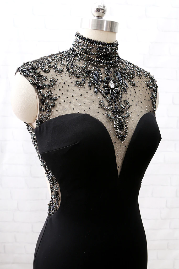 Mermaid High Neck Beaded Jersey Black Classy Evening Classy Prom Gown With Slit