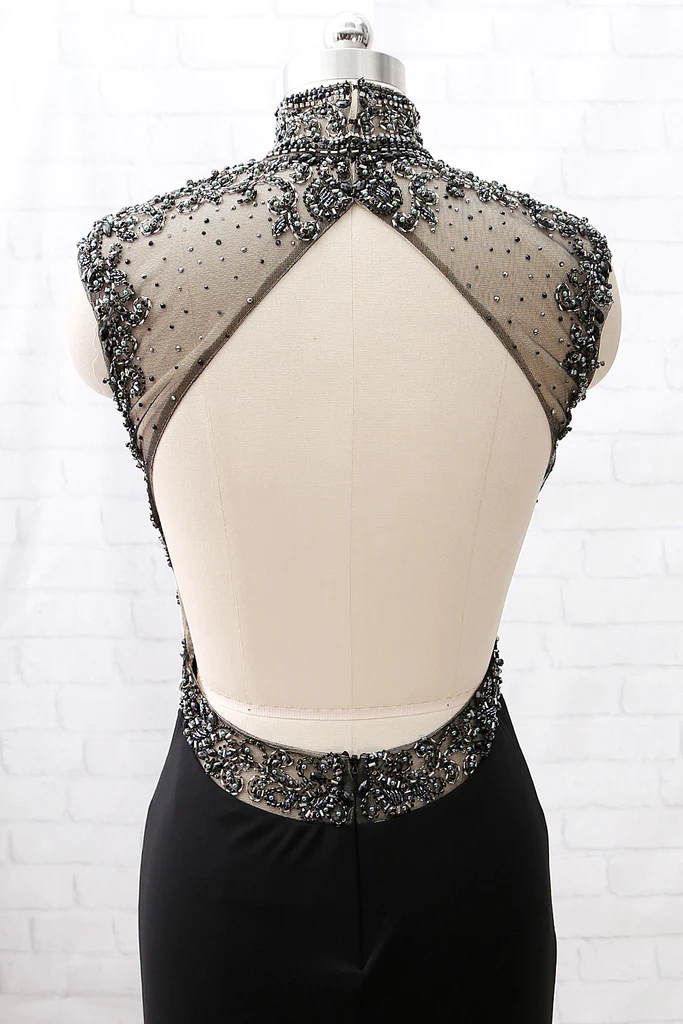 Mermaid High Neck Beaded Jersey Black Classy Evening Classy Prom Gown With Slit