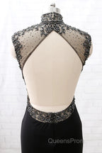Mermaid High Neck Beaded Jersey Black Formal Evening Evening Prom Gown With Slit