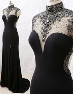 Mermaid High Neck Beaded Jersey Black Classy Evening Classy Prom Gown With Slit