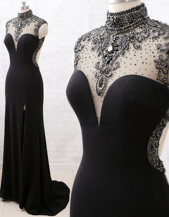 Mermaid High Neck Beaded Jersey Black Classy Evening Classy Prom Gown With Slit