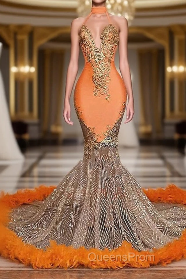 Mermaid High Neck Floor-length Sleeveless Appliques Lace Evening Prom Dress With Feather Main image