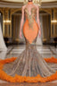 Mermaid High Neck Floor-length Sleeveless Appliques Lace Evening Prom Dress With Feather