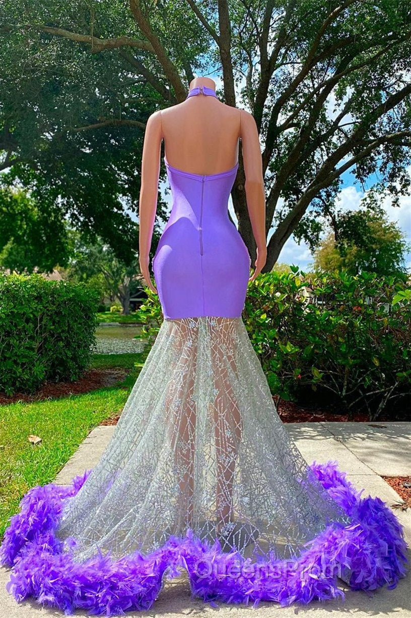 Mermaid High Neck Floor-length Sleeveless Open Back Appliques Lace Beaded Evening Prom Dress With Feather Secondary image