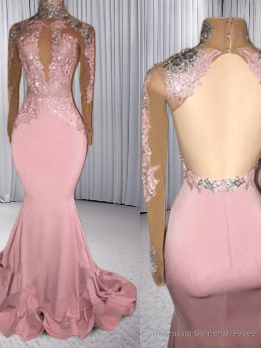 Mermaid High Neck Long Sleeves Appliques Lace Sweep Train Jersey Dress Main image