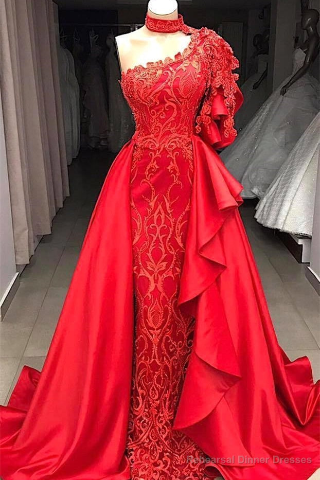 Mermaid High Neck One Shoulder Floor-length Half Sleeve Appliques Lace With Side Train Prom Dress Main image