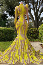 Mermaid High Neck One Shoulder Sequined Floor-length Long Sleeve Lace Evening Prom Dress