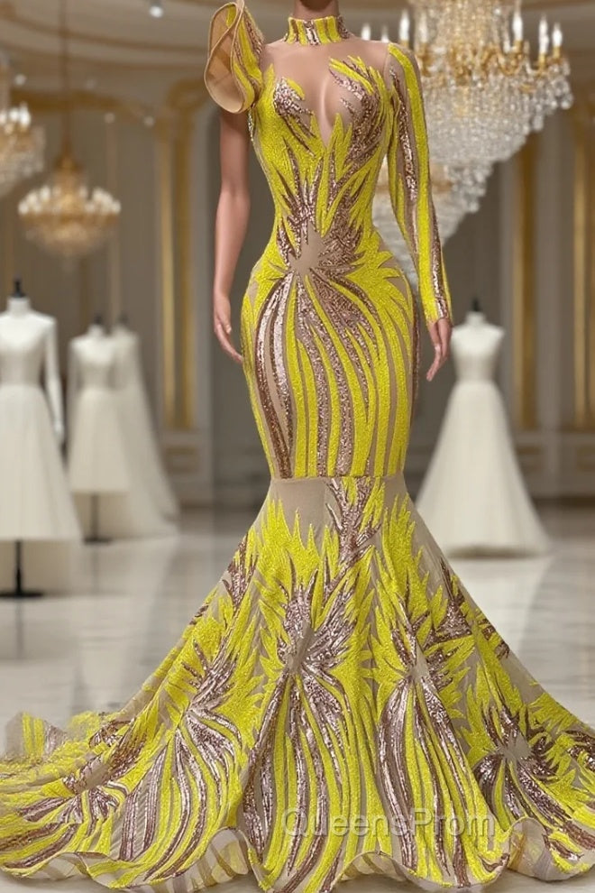 Mermaid High Neck One Shoulder Sequined Floor-length Long Sleeve Lace Evening Prom Dress Main image