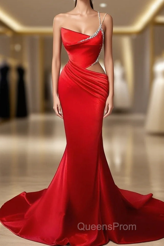 Copy of Black And Red Mermaid Straps Long Evening Dress, Long Evening Prom Dress With Leg Slit Main image