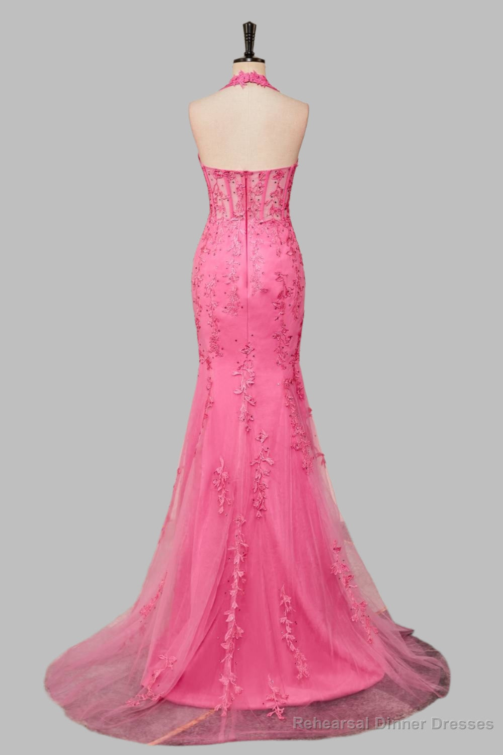 Mermaid Hot Pink Halter Appliques Long Prom Dress with Slit Secondary image