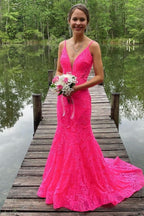 Trumpet Hot Pink V-Neck Lace Backless Sleeveless Long Classy Prom Dress